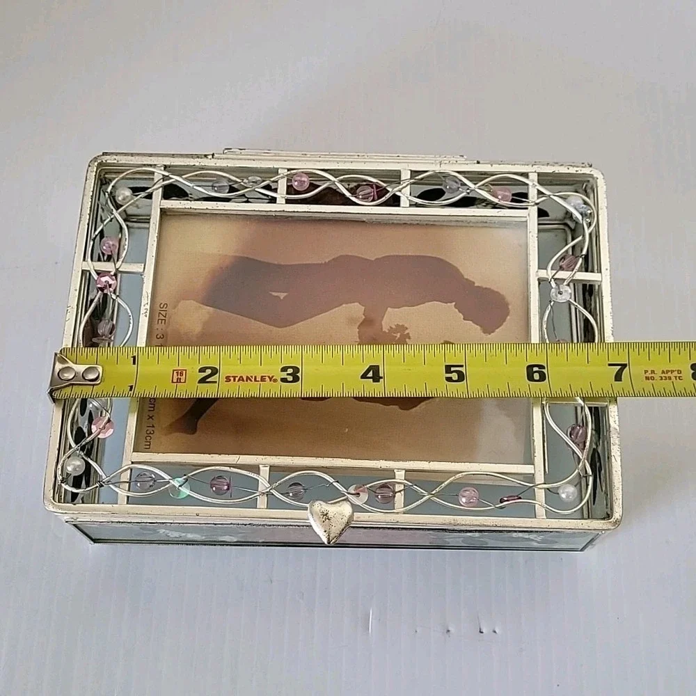 Vintage Glass Jewelry Trinket Photo Box w/ Colorful Beads On Wire